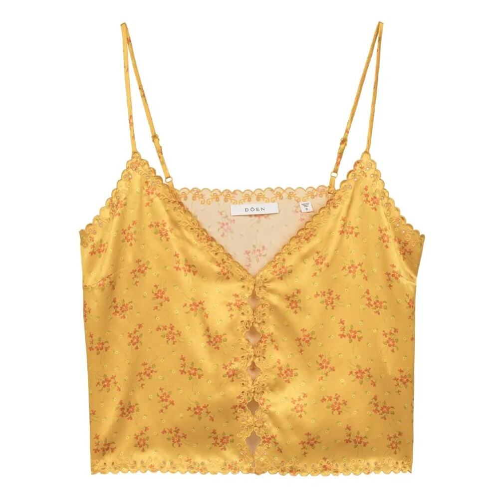 Doen Elise Silk Satin Eyelet Cami Camisole Tank Top Goldenrod Hillside Heather